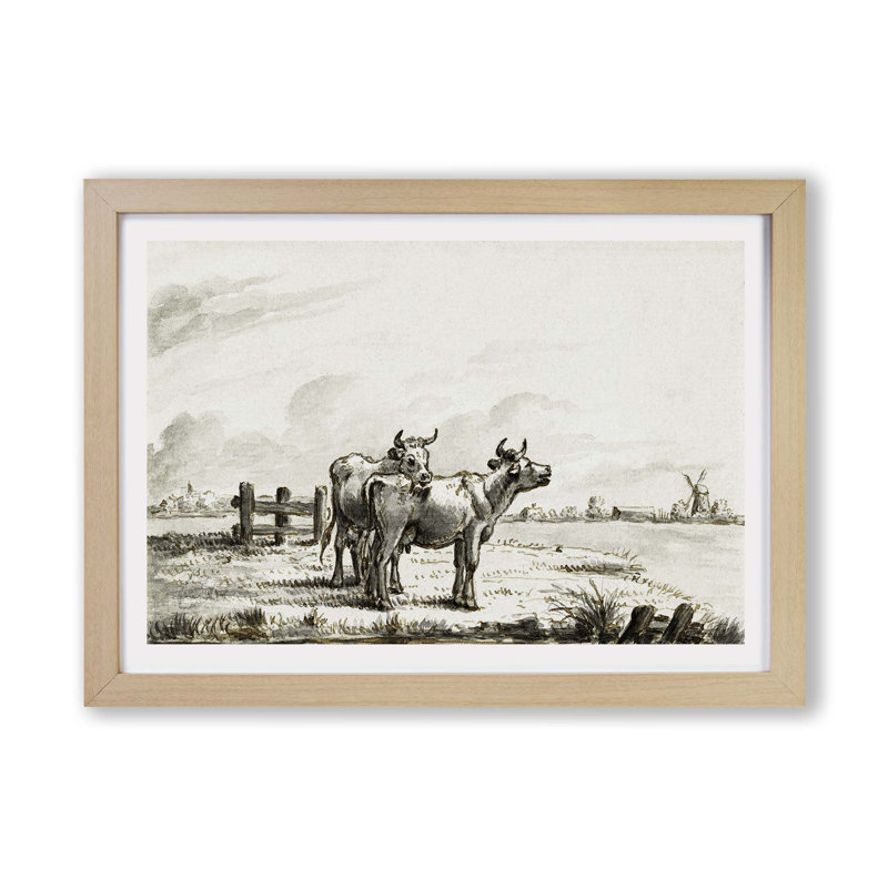 Two Cows In A Meadow by Jean Bernard - Single Picture Frame Print, Oak, 33cm H x 45cm W x 2cm D