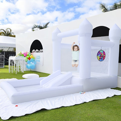 White inflatable castle, white trampoline, with slide and large ball pool, suitable for children's gatherings, birthdays, events, etc