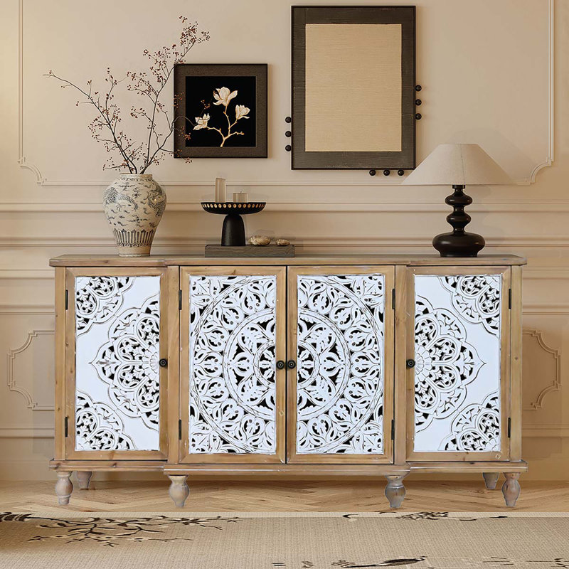 Armoire de rangement décorative délavée à 4 portes avec tablette réglable