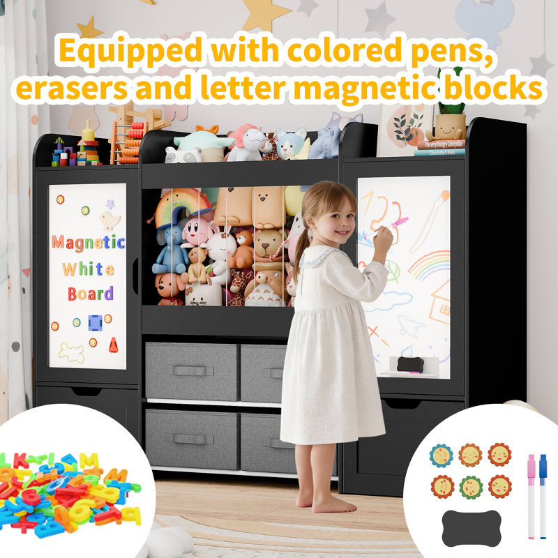 61"W Toys Storage Organizer, Kids Bookcases With Stuffed Animal Storage, 2 Movable Drawers, 4 Storage Bins And 2 Magnetic Drawing Board, Montessori Bookshelf For Kids Room, Playroom, Bedroom, Black