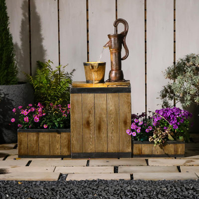 Fontaine d'extérieur avec pot de fleurs, cascade avec pompe à main rustique | Présentoir de jardin intégré, ensemble de plantes et d'eau, matériau en résine, idéal pour le jardin, la terrasse et le porche de la cour