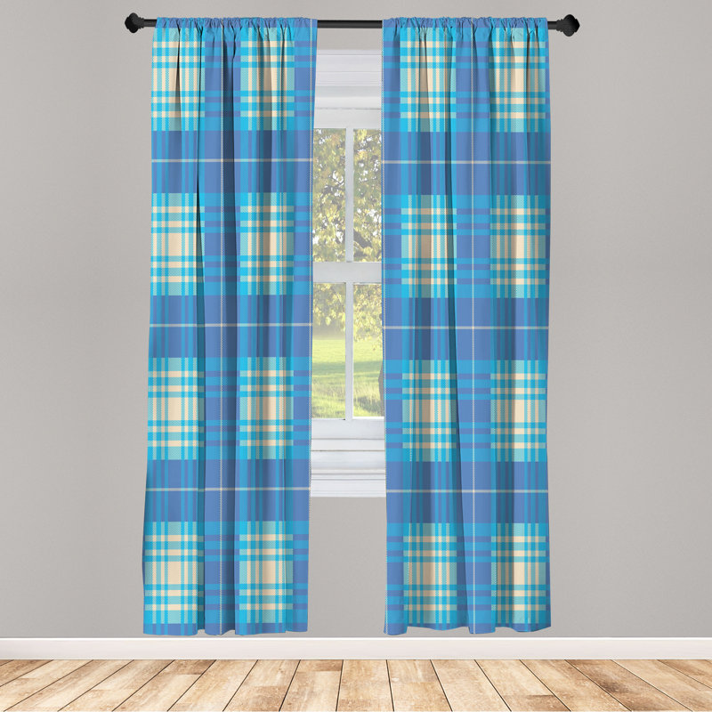  Checkered Curtains, Plaid Tartan English Tile, 56" W x 63" L, Sky Blue