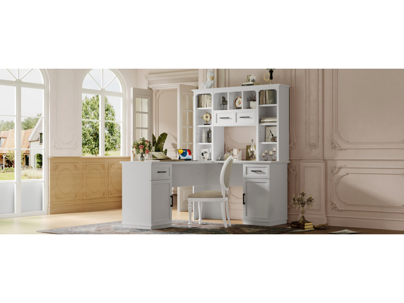 65" Large Computer Desk L-Shaped Desk With Bookshelf For Home Office, White