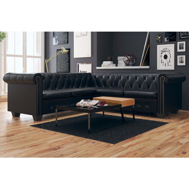 Canapé de coin 6 places Youd Chesterfield, Similicuir noir, L 80,7 po x l 80,7 po x H 28,7 po