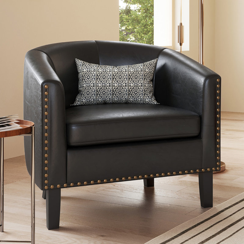Cohmer 28.74" Wide Accent Barrel Chair, Modern Faux Leather Tub Club Chair Upholstered Armchair with Gold Nail Head Trim