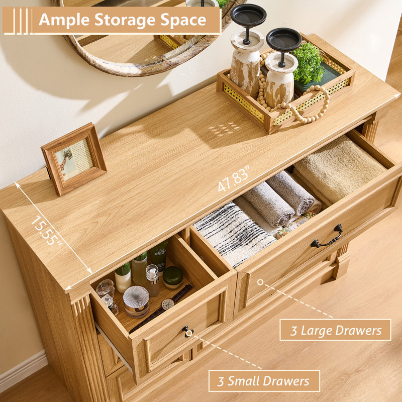 Commode 6 tiroirs Farmhouse pour chambre à coucher, commodes larges de 48 po et commodes avec colonne romaine, Naturel