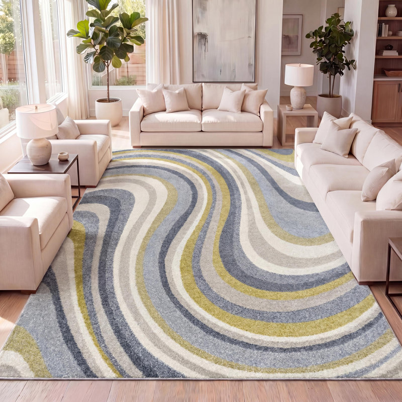 Albarado Abstract Swirl Blue/Mustard/Gray Rug, Rectangle 7'10" x 10'