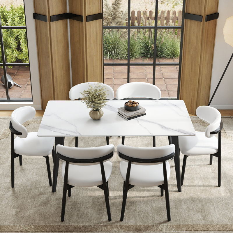 Juvan Modern 7-Piece Rectangular Marble Dining Table Set With 6 Faux Leather Chair, Snow White, White/Black
