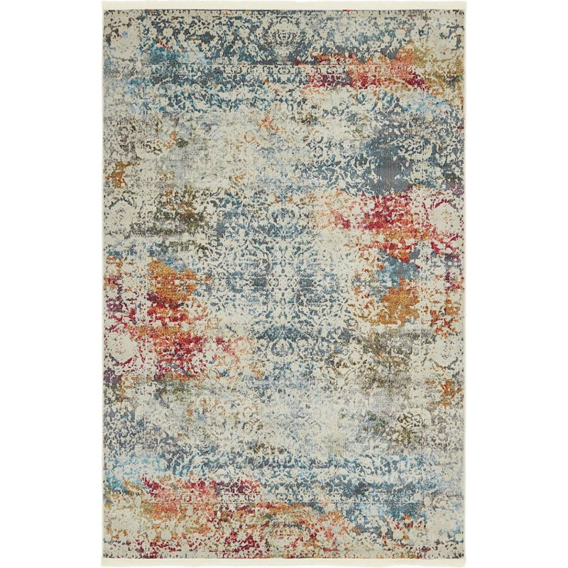 Bleu oriental/crème Tapis décoratif, Rectangle 5 pi 5 po x 8 pi