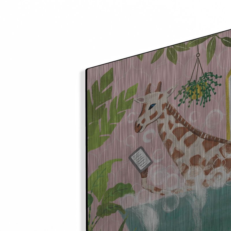 Art mural en métal luxueux «Giraffe In Tub No Drink» par Farida Zaman, 24 po x 24 po, H 24 po x l 24 po