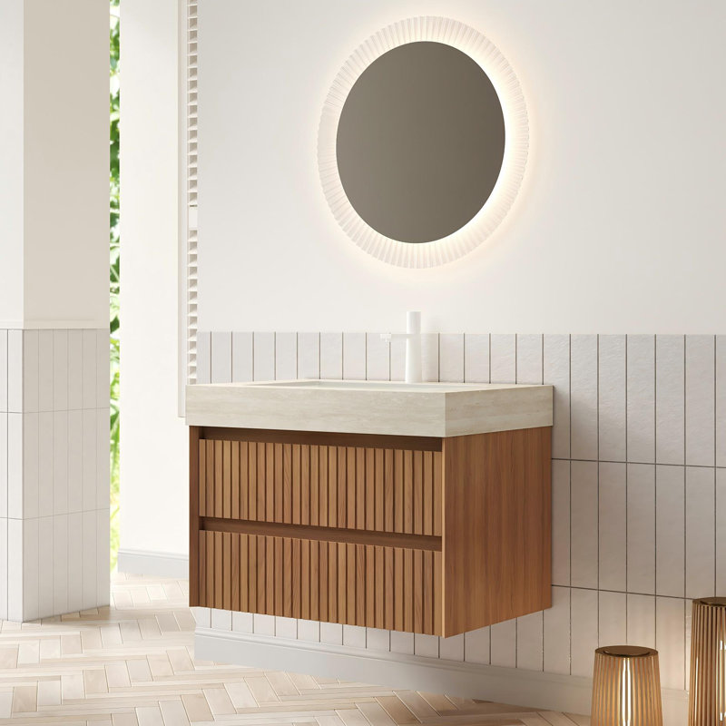 30" Wall Mounted Vanity With Travertine Sintered Stone Top &  Undermount Basin & Striped Wood Drawers, Pre-Assembled, 30"