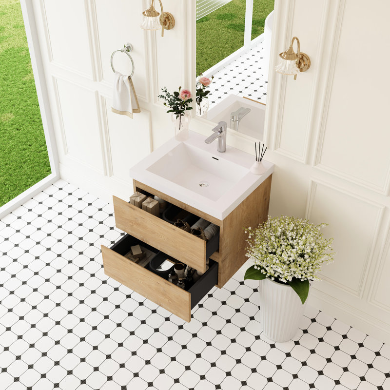 Meuble-lavabo suspendu de 61 cm avec lavabo, solution de rangement murale, lavabo en surface solide, tiroirs à fermeture amortie, entièrement assemblé, en chêne naturel, fini résine effet eau, design moderne, style chêne clair.
