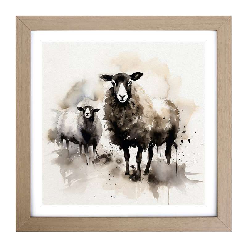 Sheep Ink Wash No.1 - Framed Print, Oak
