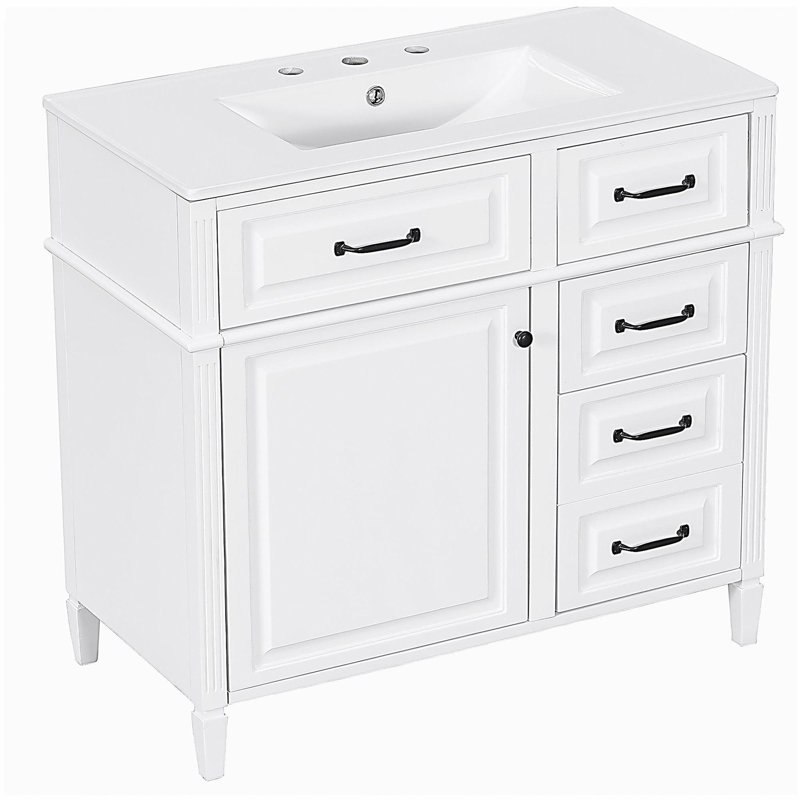 36-Inch Bathroom Vanity with Ceramic Sink Top, Solid Wood Frame and MDF Cabinet, Flip Drawer Design with Adjustable Shelf and Metal Handles, Freestanding Bathroom Storage Cabinet (Faucet Not Included)
