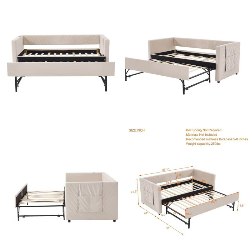 Twin Size Upholstered Daybed With Trundle,usb Port ,side Pockets, Modern V-grained Backrest Design,no Box Spring Needed, For Bedroom, Guest Room ( Beige, Twin)