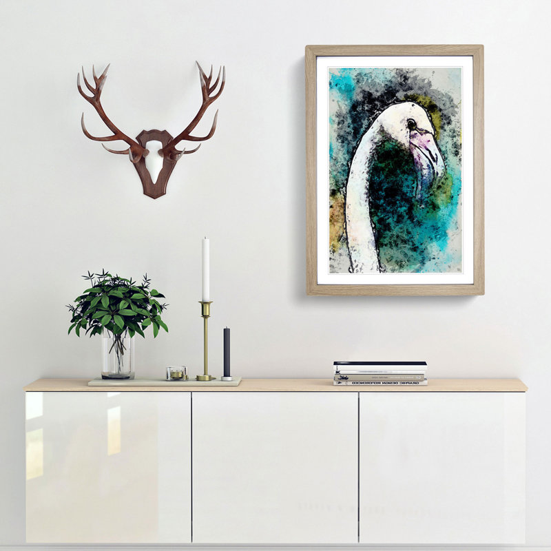 A Pink Flamingo Bird in Abstract - Picture Frame Painting Print, 87cm H x 62cm W x 2cm D, Oak Framed