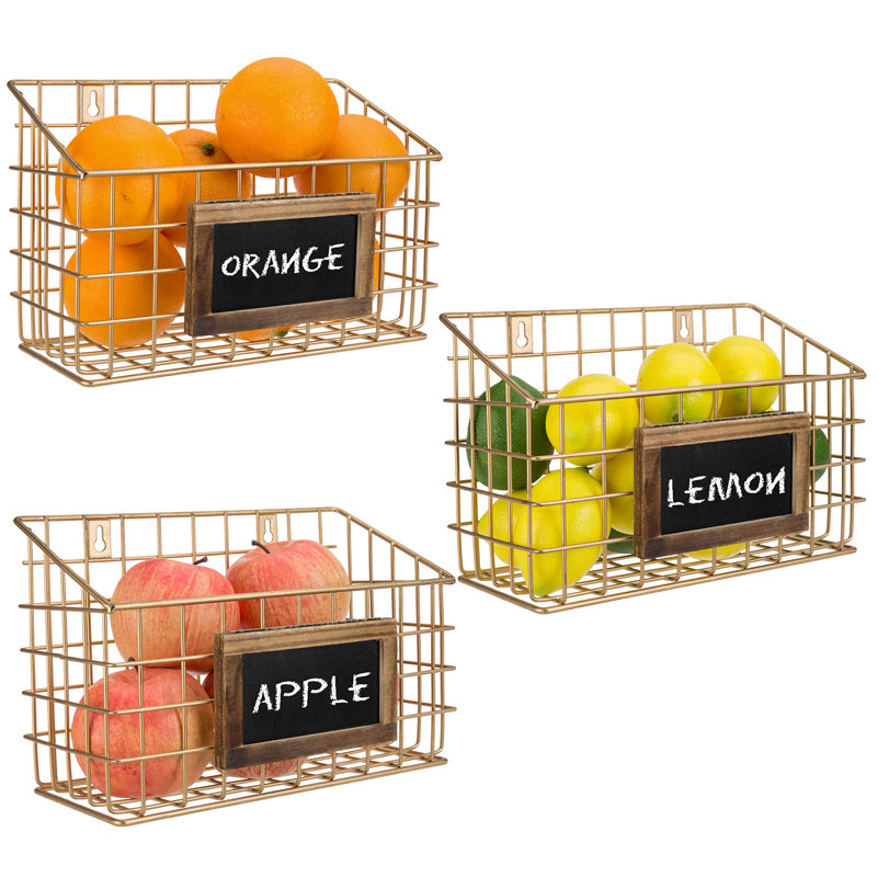 Wall 3 Piece Storage Organiser with Wall Baskets and Chalkboard, Gold