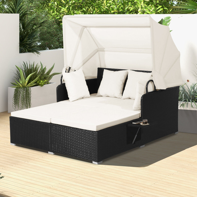 60.5 In. L X 65 In W PE Rattan Patio Daybed With Cushions Retractable Canopy, White