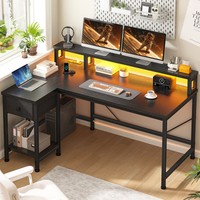 Bureau de jeu en L avec support pour moniteur, tiroir et lumières DEL, bureau d'ordinateur en acier au carbone et en bois pour le bureau personnel, coin