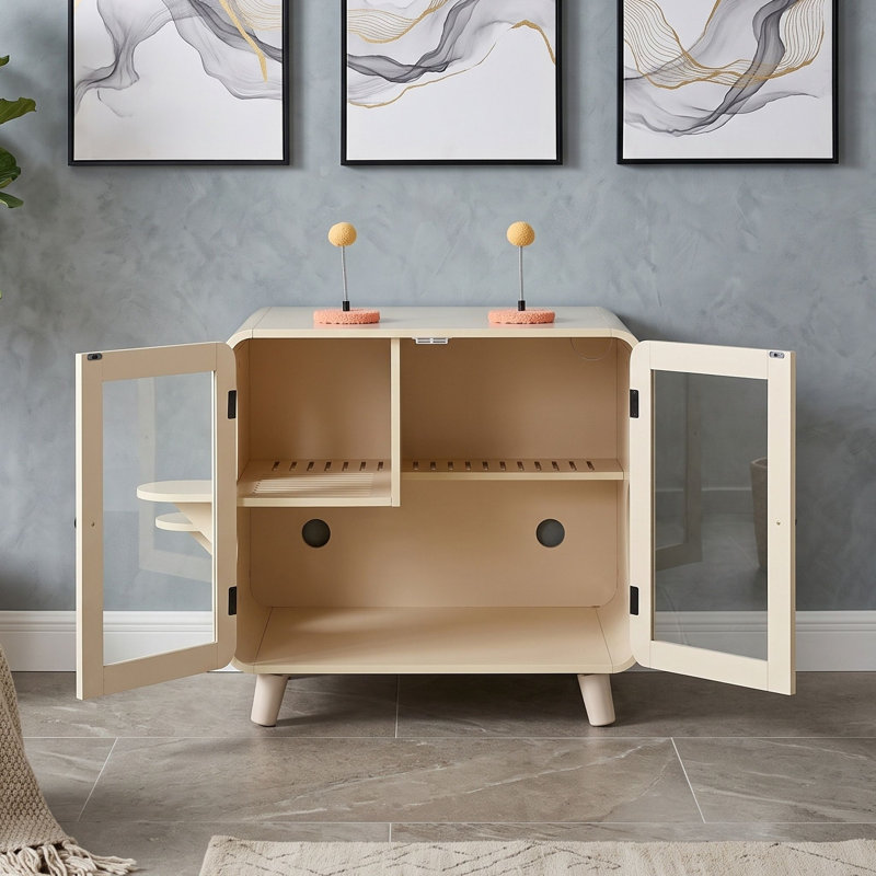 Enceinte de litière pour chat avec lumière DEL à changement de couleur et portes en verre, Beige