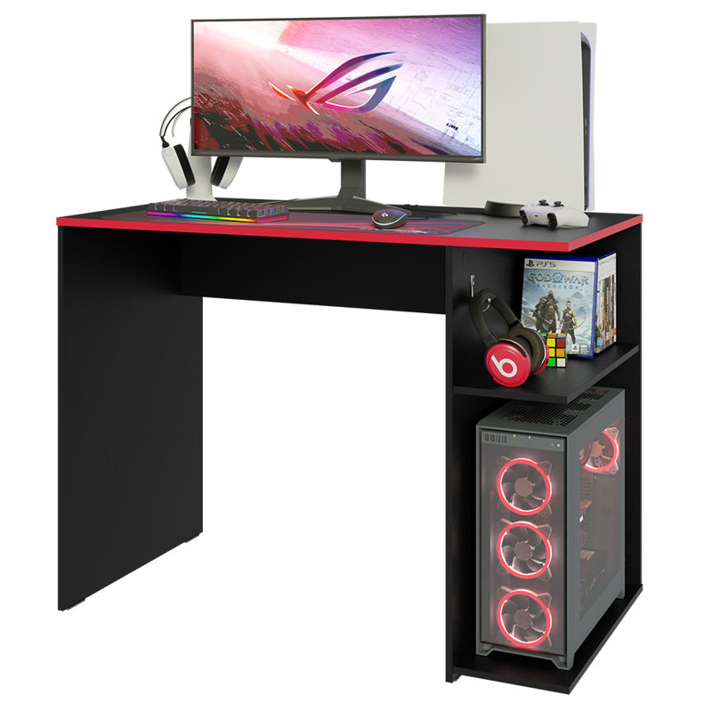 Bureau d'ordinateur de jeu compact avec 2 tablettes, gestion des câbles et grand support pour écran, Noir / rouge
