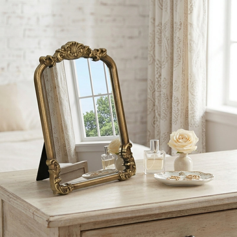 Briseis Wood Standing Adorned Table Mirror - Gold, Gold