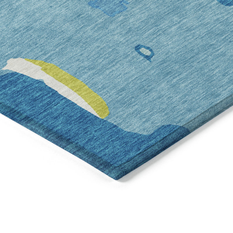 Aqua Abstract Flat Woven Washable Synthetic Rug 3' x 5'
