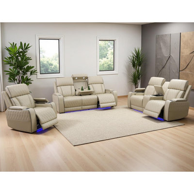 3-Piece Breathing Leather Power Reclining Sofa Set With LED Lights, Wireless Charger, Storage Console & Drop-Down Table