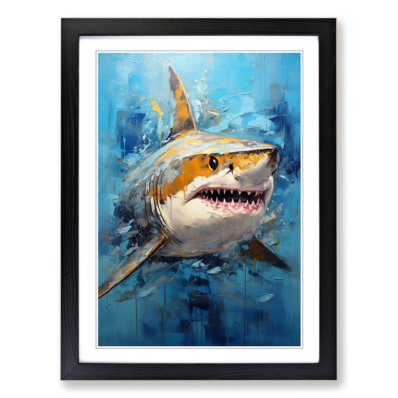 Shark Modern - Single Picture Frame Print on Wood, Black, 64cm H x 46cm W x 2cm D