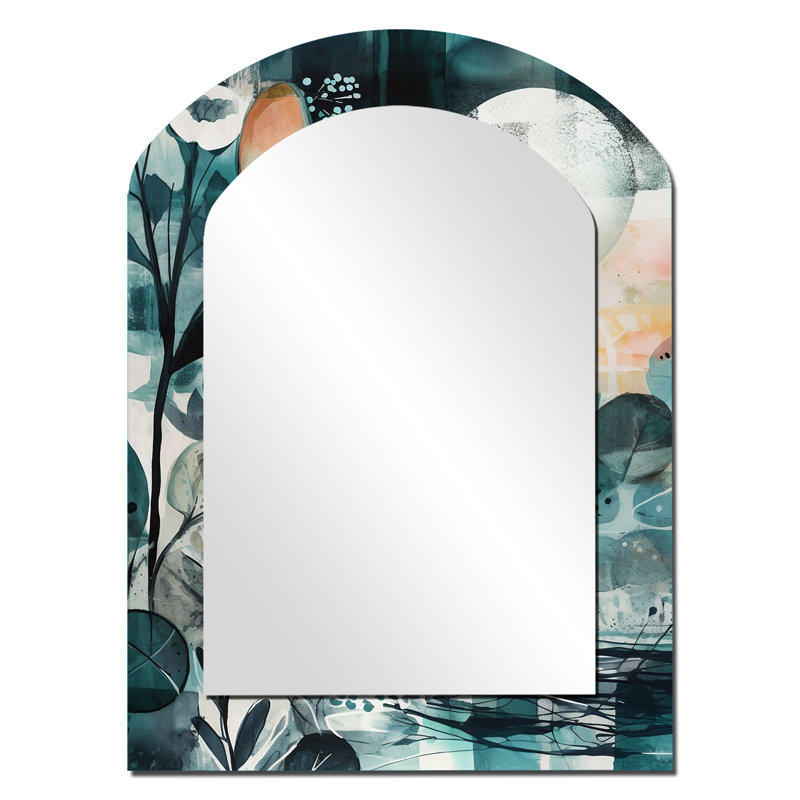 Green And Orange Reflections Of A Free Mind III - Boho Feather Arch Mirror, Green Asymmetrical Decorative Wall Mirror, Printed Metal Art