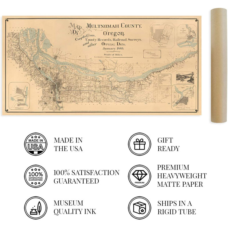 «1889 Multnomah County Oregon Map», art mural sur papier, H 12 po x l 24 po x P 0,1 po