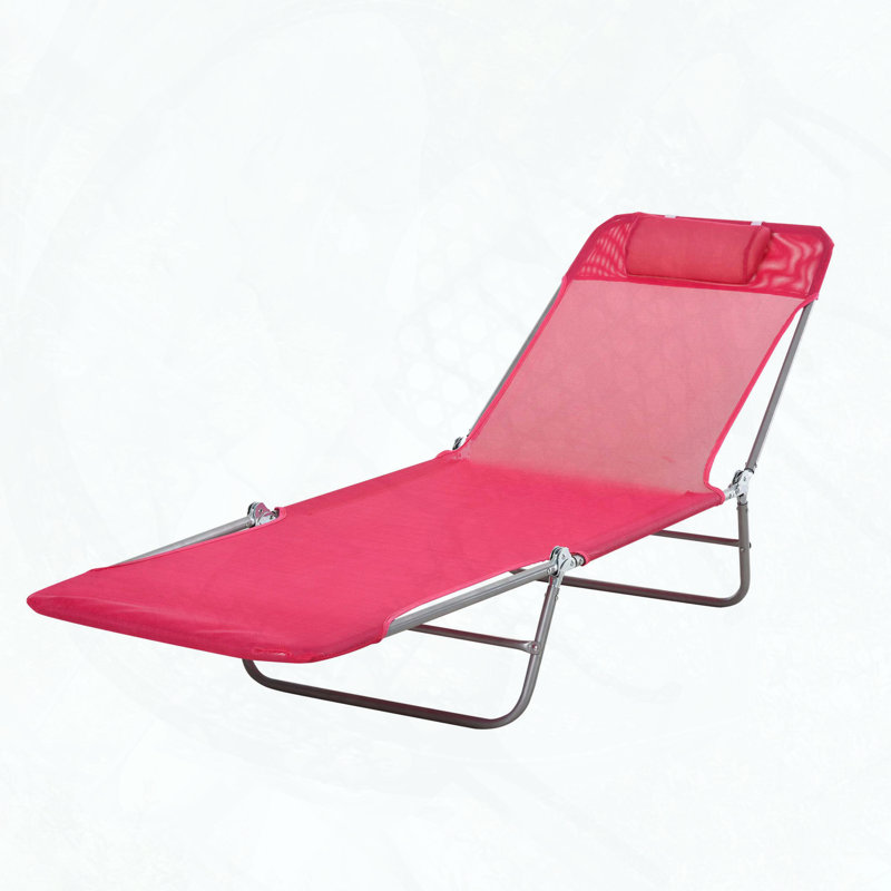 Folding Chaise Lounge Chair with 5-Position Reclining Back and Breathable Mesh Seat, Pink