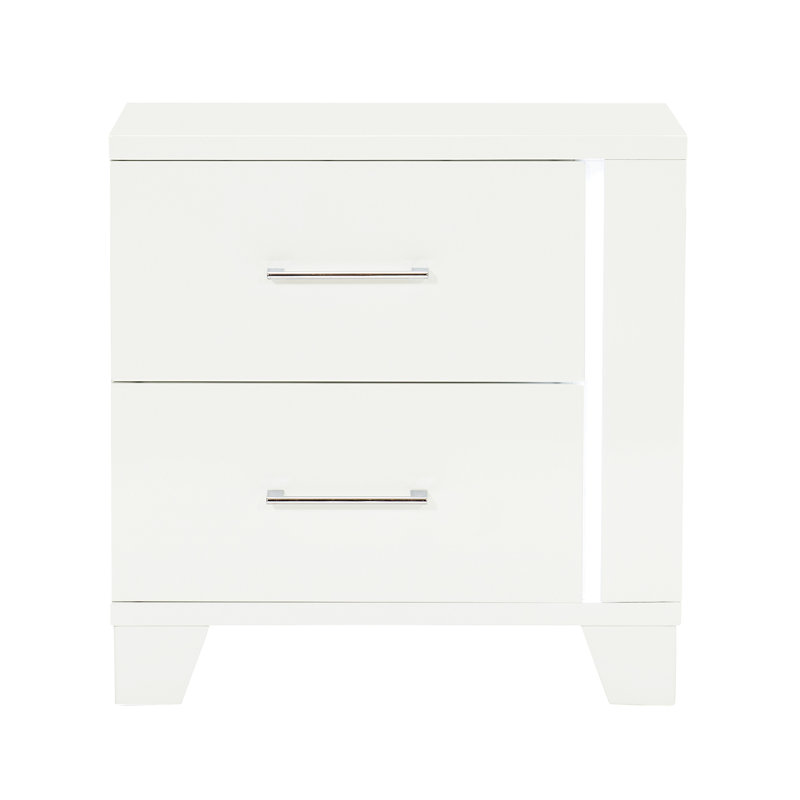 Table de chevet moderne en bois pour chambre à coucher, blanc avec éclairage à DEL et poignées de tiroir en bois à 2 tiroirs