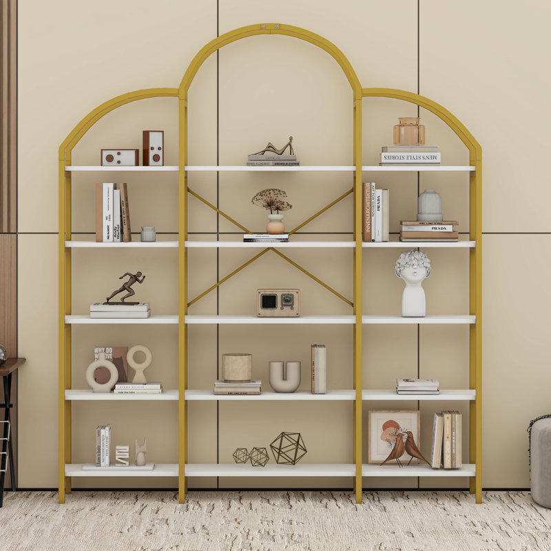 74.8 Inch 5 Tiers Office Bookcase Bookshelf, Display Shelf With Round Top, X Bar