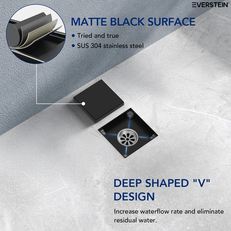 4 Inches Square Shower Drain, Matte Black