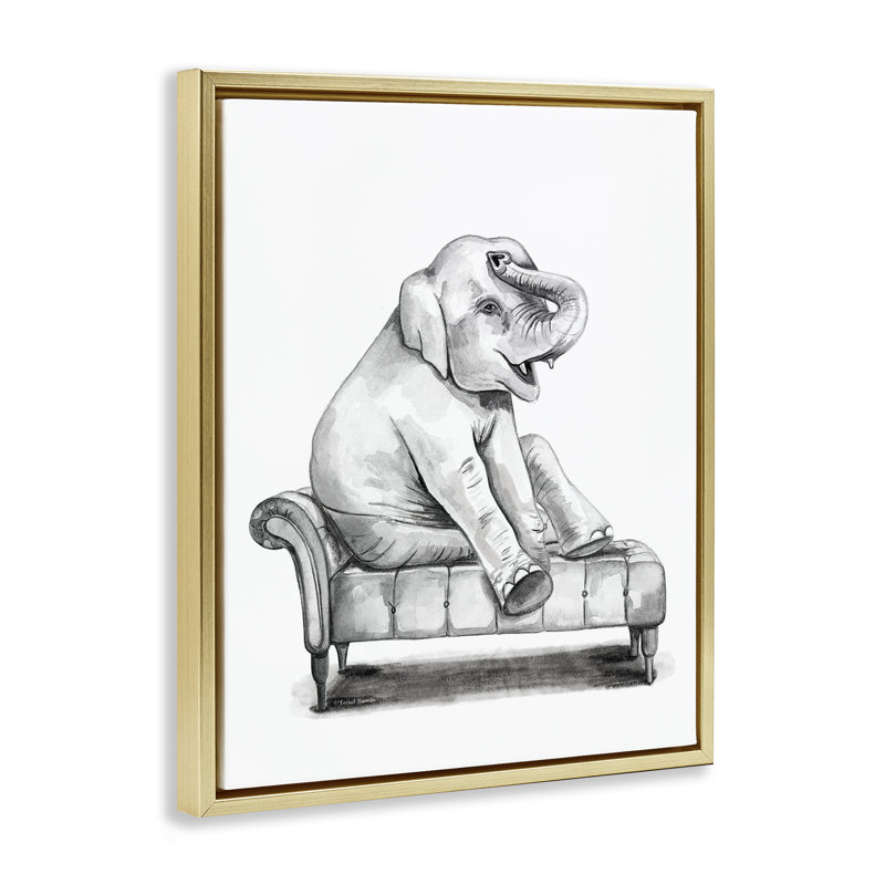 «Happy Elephant on Chaise», art mural encadré sur toile flottante, design par Rachel Nieman, H 31 po x l 25 po