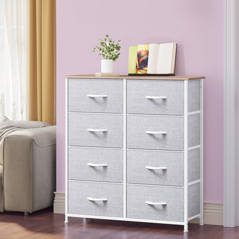 Commode double 8 tiroirs Kathiria, Gris clair / chêne