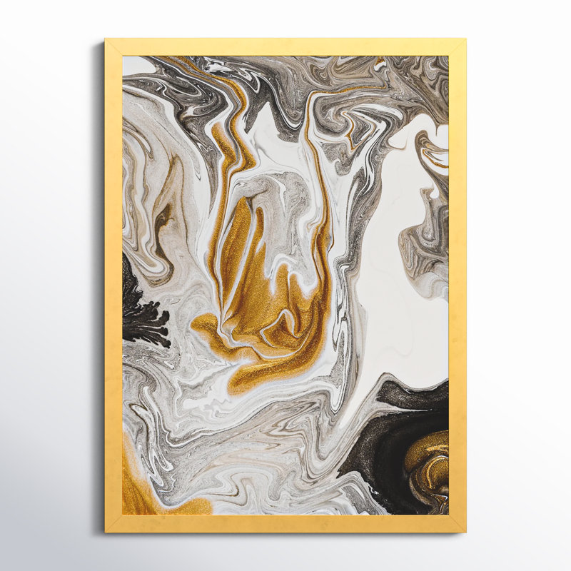 Vague de marbre doré et noir V - peinture sur toile, H 44 po x l 34 po x P 1,5 po, Cadre doré