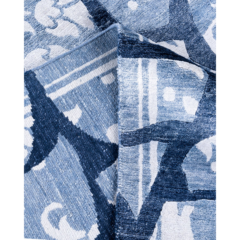 Blue Hand-Knotted Silk Rectangular Area Rug, 9' 1" x 12' 3"