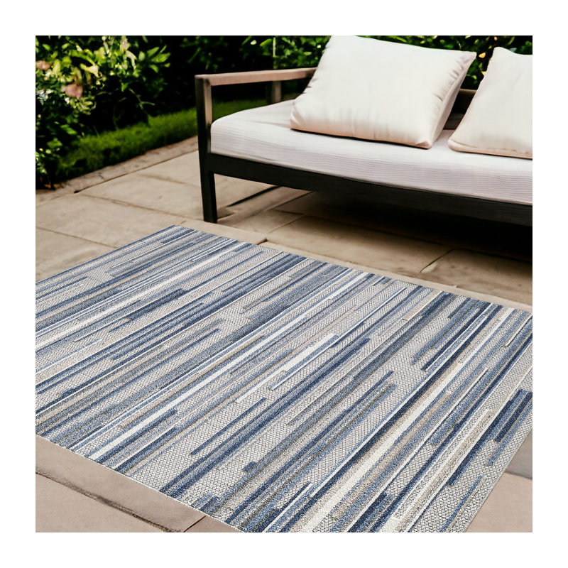 Tapis d'extérieur à rayures abstraites Gemmill, Rectangulaire 8 pi x 10 pi, Bleu
