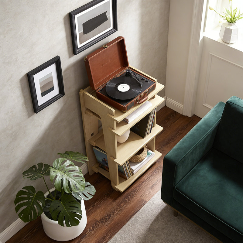 Record Player Stand Media Console With Vinyl Storage, Modern, Natural, Beige