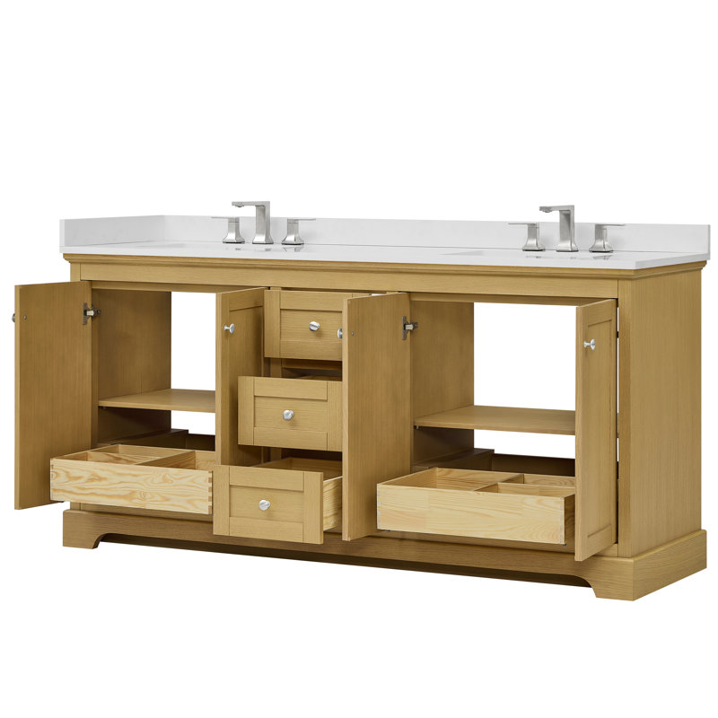 Meuble-lavabo double 72 po Avery en noyer foncé, comptoir en quartz blanc, lavabos carrés encastrés (3 trous), garniture or brossé