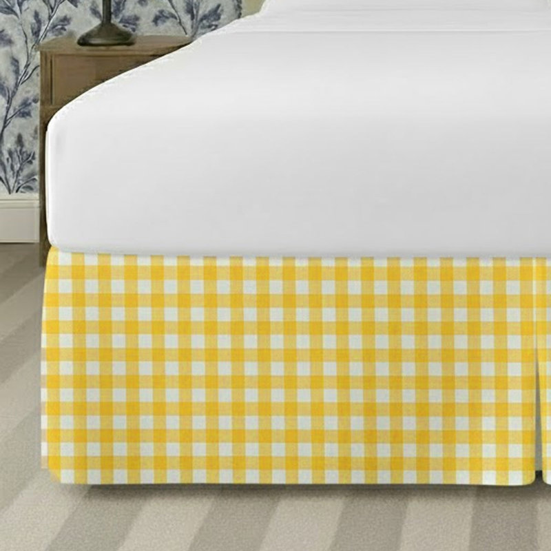Gingham Pattern Tailored Bed Skirt 15" Drop Length, Yellow, Queen