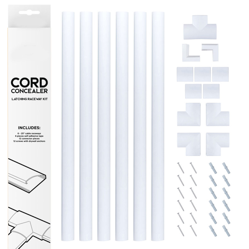 Cord Concealer System Covers Cables, Cords, or Wires - Cable Cover Management Raceway Kit for Hiding TV Power Cords in Home or Office - Simple Cord