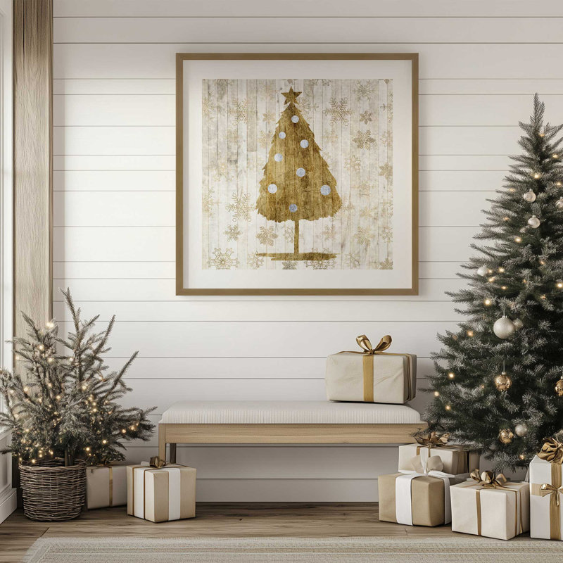 Impression d'arbre de Noël rustique doré, H 13,75 po x l 13,75 po, Cadre simple en or brossé, bois massif