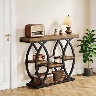 Classic Industrial 4-Tier Console Table, Durable Metal Base, Rustic Top, Perfect For Small Spaces And Decor.