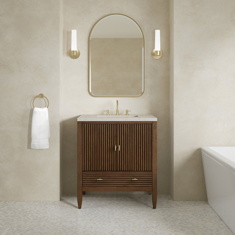 Myrrin 30" W Single Vanity, Siberian Silestone, Mid-Century Walnut, 8" Widespread