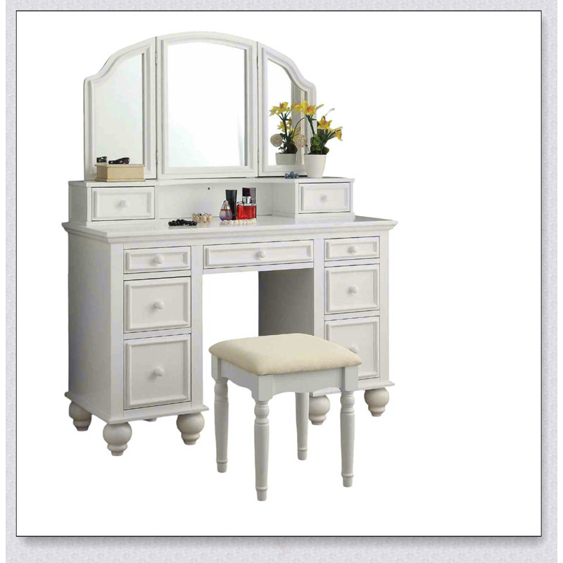 Ensemble de coiffeuse de style transitionnel avec tabouret, tiroirs de rangement et miroir à 3 côtés pour un décor de chambre à coucher élégant