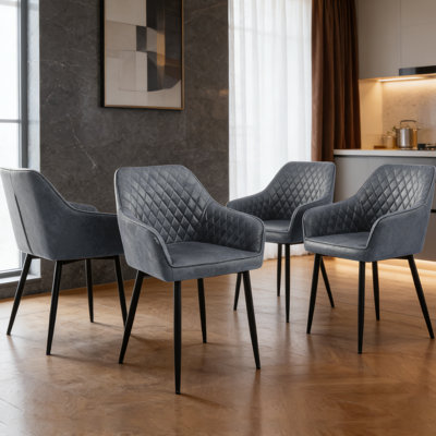 Suede Wide Back Dining chair with Armrest and Diamond Grid