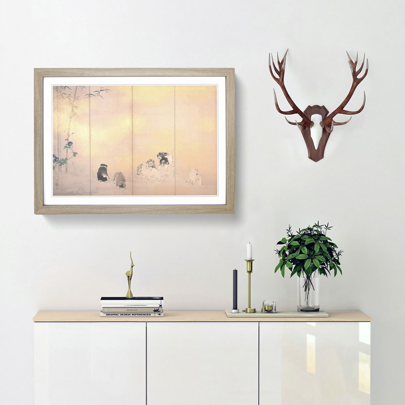 Puppies by Takeuchi Seiho - Picture Frame Painting Print, 48cm H x 65cm W x 2cm D, Oak Framed